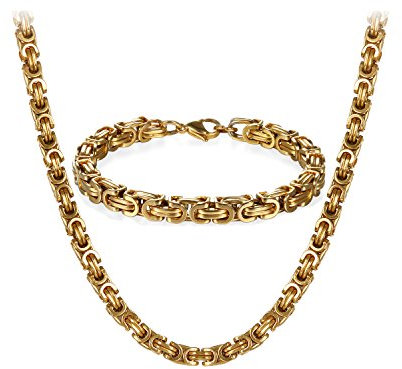 JewelryWe Halskette Armband 2er Set Herren: Gold Edelstahl 8mm Breite Königskette Byzantinische Ketten Set von Halsketten und Armketten für Männer Dick Schwer Kette Hip Hop Punk Schmuck 22 Zoll