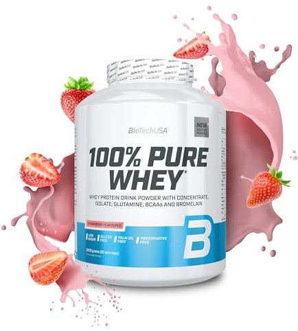 BioTechUSA 100% Pure Whey | Proteinpulver mit BCAA und Glutamin | Glutenfrei, Palmölfrei | 21g Protein pro Portion, 2.27 kg, Erdbeere