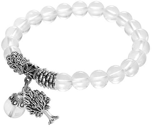 mookaitedecor Cristal de Roche Bracelet Pierre Lithotherapie Elastique, Bracelet Chakra Perles Energie Tibétain Bouddhiste avec Pendentif Arbre de Vie