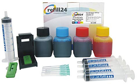refill24 Nachfüllset: Nachfülltinte 200 ml kompatibel für Druckerpatronen HP 301, 301 XL Schwarz und Farbe Multipack + Zubehör + Anleitung, Refillset mit Druckertinte für DeskJet OfficeJet Envy