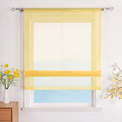 ESLIR Raffrollo Küche Raffgardine mit Tunnelzug Bändchenrollo Weiß Voile Gardinen Transparent Gelb BxH 140x155cm 1 Stück