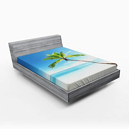 ABAKUHAUS Wendekreis Spannbetttuch, Palmen auf der Karibik, Soft Dekorativer Stoff Bettwäsche Rund-um Elastischer Gummizug, 160 x 200 cm,Beige Blau Grün