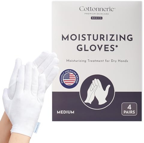 4 Pairs Cottonnerie Basics Cotton Gloves for Dry Hands Sleeping, Moisturizing Gloves Overnight, Hand Moisturizer Gloves, Moisture Gloves for Dry Hands Overnight, Sleeping Gloves, Medium