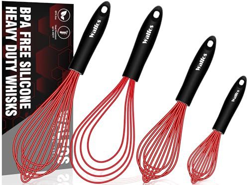 Walfos Schneebesen, Silikon-Schneebesen, 27,9 cm flacher Schneebesen und 17,8 cm + 22,9 cm + 27,9 cm Ballon-Wisk-Set zum Mischen, Schlagen, Rühren und Kochen in der Küche. BPA-frei und hitzebeständig,