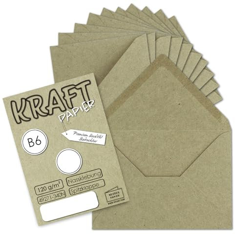 25x Vintage Briefumschläge in grau DIN B6 125 x 178 mm Kraftpapier 120 g/m² Recycling Nassklebung Spitzklappe - UmWelt by GUSTAV NEUSER