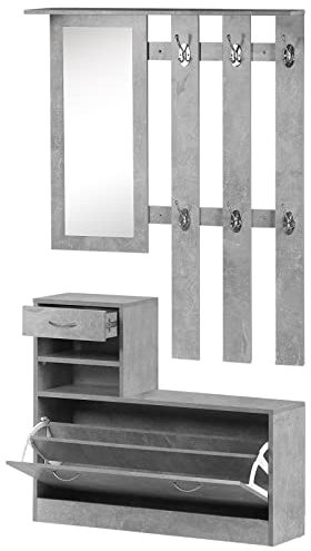 HOMCOM Mobile da Ingresso Appendiabiti con Scarpiera e Specchio, Mensole e Cassetto, 90x10x102cm Grigio Cemento