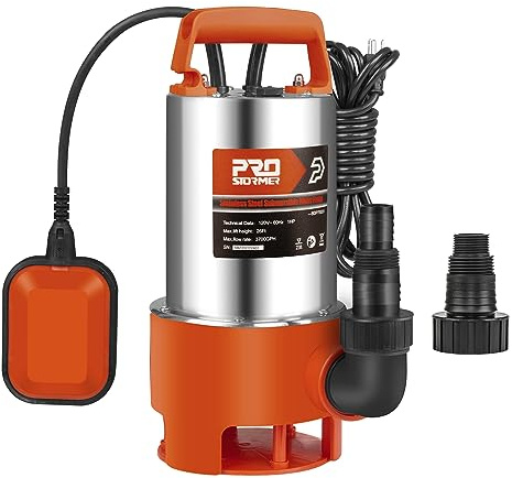 Stainless Steel Sump Pump, Prostormer 1HP 3700GPH Submersible Clean/Dirty Water Pump with Float Switch for Fresh Water, Mains Water, and Pool Water