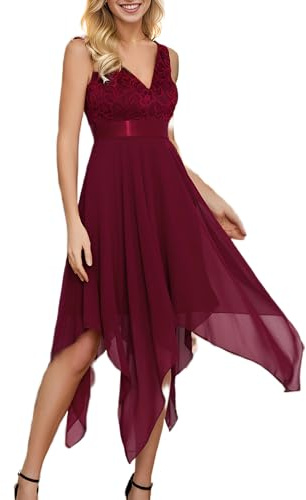 Ever-Pretty Women's Sleeveless V Neck Empire Waist A Line Lace Chiffon Knee Length Cocktail Evening Dresses with Asymmetry Hem Burgundy 14UK
