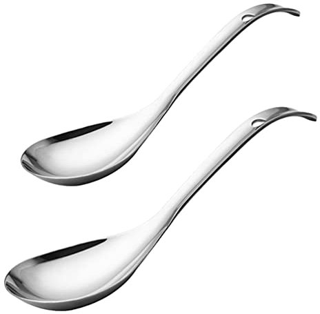 Stainless Steel Soup Spoon Ladle: 2pcs Metal Silver Rice Spoons Long Handle Dinner Spoons for Ramen Pho Wonton Dumpling Miso Restaurant L S