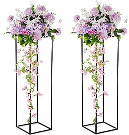 Inweder Flower Stand Wedding Centrepieces: 2 Pcs Black Column Vases with Metal Panel 100cm Tall Floor Vase for Table Centerpiece Geometric Plant Pedestal for Halloween Birthday Party Home Decor