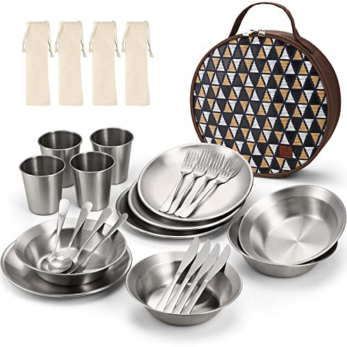 Odoland Stainless Steel Camping Mess Kit for Family & 4 Person, Cooking Tableware Utensils with Plates Bowls Forks Spoons Knives & Savings Bag for Camping, Backpacking, Hiking, Picnic, 4 Person Set