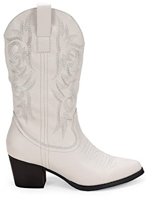 BOSANOVA Stivale in stile cowboy con dettagli di cuciture decorative a tono sulla canna, tacco 5,5 cm e chiusura con zip laterale. Scarpe da donna, beige, 37 EU