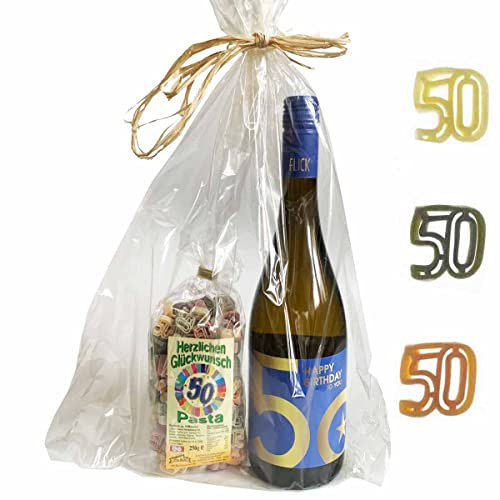 Präsent-Tüte 50. Geburtstag mit Wein und Nudeln // 50. Geburtstag Feinkostgeschenk