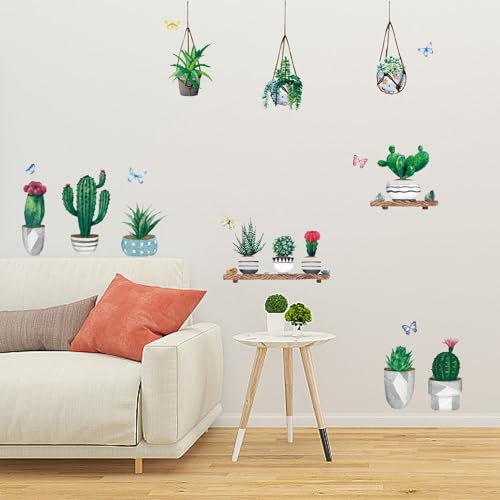 PLIGREAT Pegatinas de Pared de Cactus de Plantas Verdes En Maceta, Pegatinas de Pared de Vinilo Extraíbles para Cafetería, Sala de Estar, Dormitorio, Decoraciones de Pared