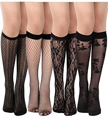 Geyoga 4 Pares Medias de Rejilla hasta Rodilla Calcetines de Pantorrilla de Encaje para Mujer (Estilo Elegante, Talla Única)