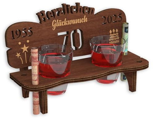 Urhome Schnapsbank mit Jahreszahl 70 Gravur zum Geburtstag, Jubiläum, Jahrestag aus Holz - 2 Schnapsgläser - 70 Jahre Dunkel Braun