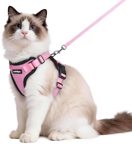 rabbitgoo Cat Harness and Lead Set, Adjustable Escape Proof Cat Lead for Walking, Reflective Kitten Harness Set, Soft and Comfortable for Medium to Large Cats, Pink, M
