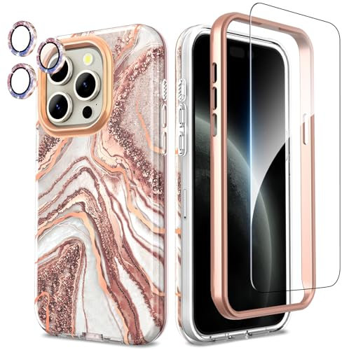 SHEDEER 4-in-1 iPhone 15 Pro Case with Screen Protector + Bumper & Camera Protector | Military-Grade Shockproof 360° Protection, 15 Pro Case Glossy Fade-Resistant Pattern Design (Rosegold)
