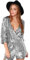 IMEKIS Damen-Jumpsuit mit glänzenden Pailletten, langärmelig, V-Ausschnitt, kurzer Strampler, einteiliger Spielanzug, Nachtparty, Disco, Clubwear, elegant, Festival, Performance, Rave-Outfit, silber,