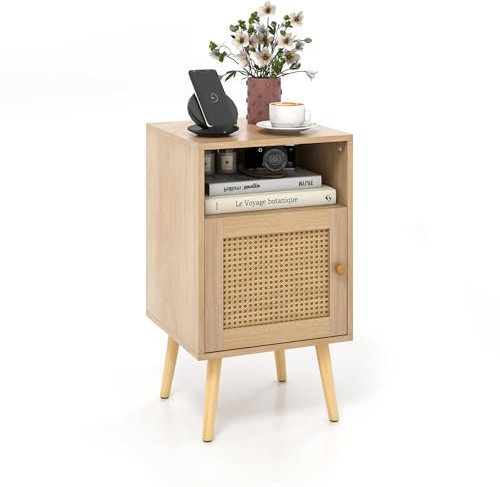 RELAX4LIFE Nachttisch mit Türschrank & Offenem Regal, Nachtschrank mit Rattan-Oberfläche & Holzbeinen, Beistelltisch für Wohnzimmer Schlafzimmer, Natur