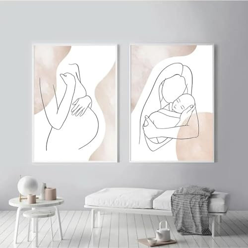 YAJNILUCK Affiche de maternité femme enceinte dessin au trait nouveau-né Boho pépinière toile peinture mur photo chambre cadeau de fête des mères 80x100 cm (31x39in) x2 avec cadre