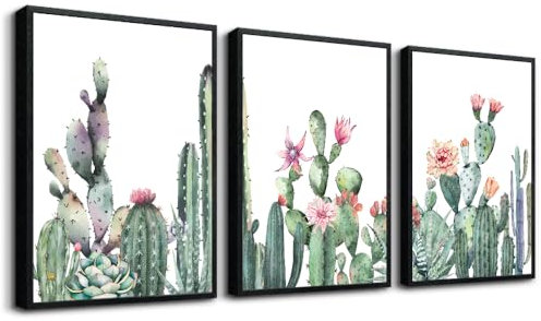 TTHYUEWS Black Framed Wall Art For Living Room Wall Decoration For Bedroom Room Wall Decor Green Succulent Cactus Wall Paintings Leaves Pictures Artwork Kitchen Home Decor 3 Piece Framed Prints Art