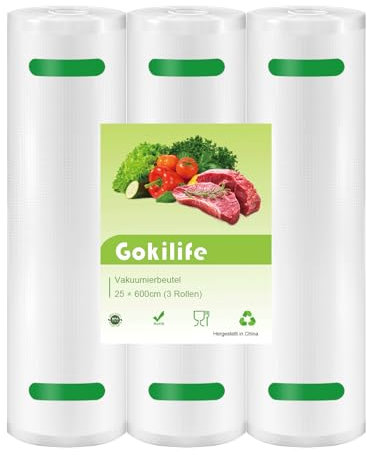 Gokilife Vakuumierbeutel - 3 Rollen 25x600cm Reißfest ca. 350µm, Vakuumierfolie für alle Vakuumierer & Lebensmittel Vakuumiergerät, Profi Folienrollen BPA-frei, Kochfest und Sous Vide Gefrierbeutel