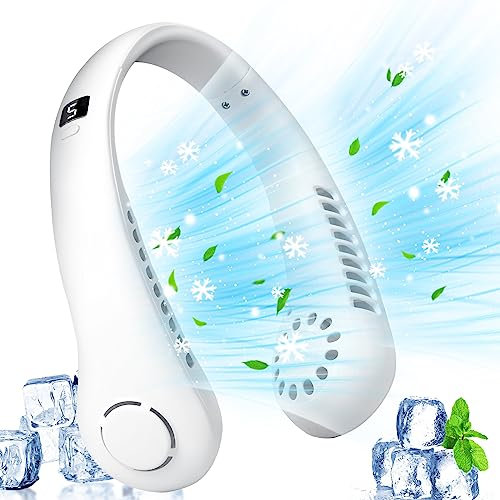 Ventilateur de Cou Portable, 5 Vitesses,flux d’air à 360°,USB Ventilateur de cou sans lame,casque ventilateur de cou pour les voyages, le sport, le camping (white)