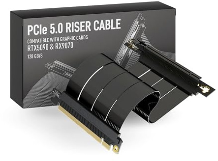 LINKUP - AVA5 PCIE 5.0 Riser-Kabel [40cm (Gesamtlänge 44cm)] RTX5090 RX9070 GPU Bereit | x16 128GB/s Geschwindigkeit | PCIe 4.0 & WRX80/WRX90E Kompatibel | Rechter Winkel Schwarz
