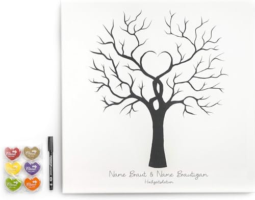 codiarts. personalisierte Leinwand für Fingerabdrücke | Party | Hochzeit | Jubiläum | Geburtstag | als Gästebuch mit Stempelkissen und Stift (Baum, 50 x 50 cm, Bespannte Leinwand)