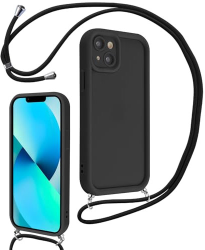Coalbooliy Handyband für iPhone 13 Hülle 6,1 mit Band, Handyhülle Kameraschutz Weiches Silikon Necklace Stoßfeste Schutzhülle mit Kordel zum Umhängen Cover für Mädchen Frauen, Schwarz