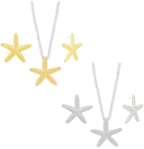 SUPERFINDINGS 6Pcs Starfish Necklace Earring 2 Colors Summer Beach Large Starfish Earrings Big Starfish Choker Necklace Rope Pendant Necklace Earrings Set Boho Stud Star Earrings for Women Ladies