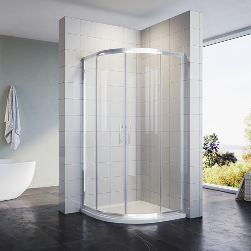 SONNI 90x90 Viertelkreis Duschkabine Runddusche eckeinstieg Duschabtrennung mit Oval Duschtasse Niedrigprofil Duschwanne 550 mm Radius, Extra Flach, SMC, Inklusive Ablaufgarnitur