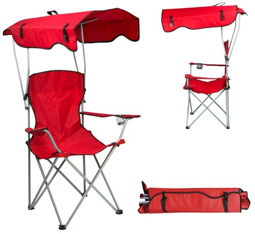 OHMG Chaise de Camping Pliante avec Toit Parasol,Porte-Boisson,Portable Chaise de Pêche en Cadre Métalliquepour Camping Pêche Excursion Plage,Charge Max 120 kg (Rouge)