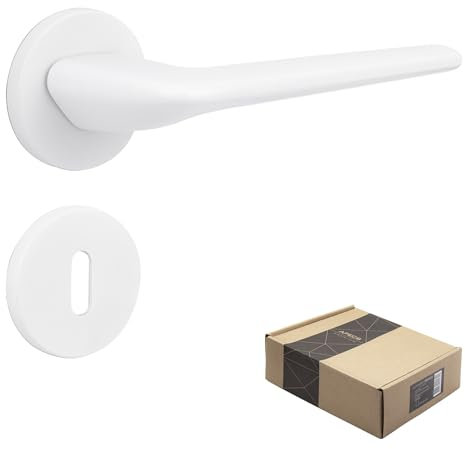 APECS Tirador de puerta interior moderno para puerta de casa y puerta interior con rosetas cuadradas, color blanco mate, juego de manillas con material de fijación, herrajes para puerta modelo Capilla