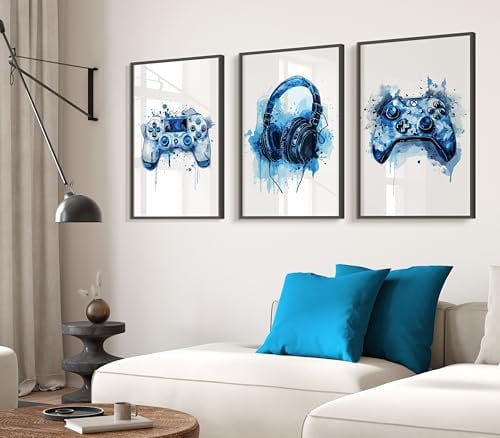 Gaming Wall Art Prints, Gaming Accessories, UNFRAMED, Gaming Decor, Gamer Wall Art, Teen Room Prints, Boys Bedroom Decor, Gaming Gifts For Birthday Christmas (3 A4 Prints Only (no frames), Blue)