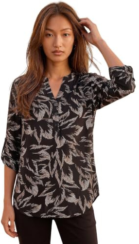 Roman Shirt for Women UK Ladies Top Collarless Blouse Stretchy Tunic Smart Casual Autumn Winter Jersey 3/4 Length Sleeve Notch V Neck Flattering Office Work - Size 16 - Beige Black