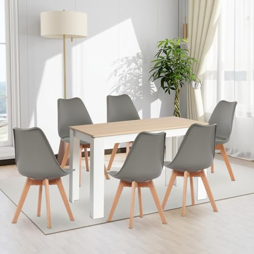 FURNITABLE Esstisch mit 6 Stühlen Esszimmergruppe, 6er Set Esszimmerstühle und 120CM Rechteckig Holztisch Essgruppe für Wohnzimmer Küche Büro (Eiche-Weiß Tischbein Tisch+6 Grau Stühle)