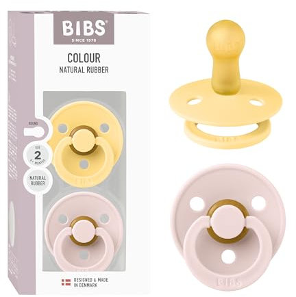 BIBS Colour Schnuller 2er-Pack, BPA-frei, Kirschform Nippel. Naturkautschuk/Latex, Hergestellt in Dänemark, Größe 2 (6-18 Monate), Pale Butter/Petal