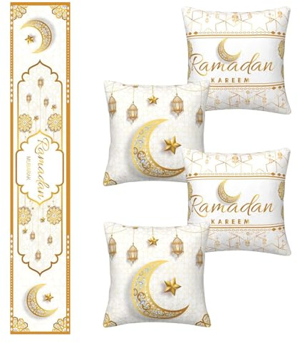 5 Stück Deko Wohnzimmer Kissenbezüge und Tischläufer, Leinen Kissenhülle 45x45cm und Tischläufermit Stern und Mond Muster, Deko Schlafzimmer Gold Dekokissenbezüge Zierkissenbezüge für Geschenke (C)