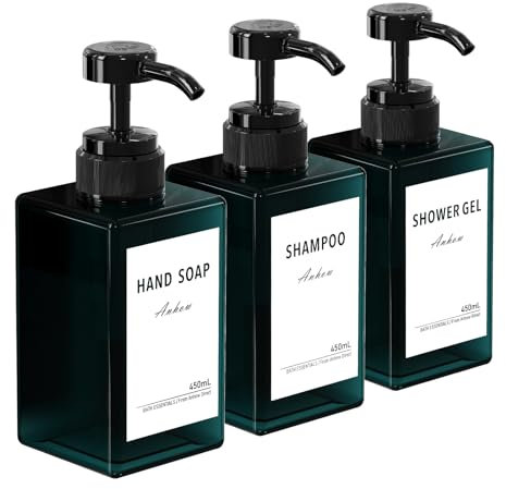 Anhow 3 Pezzi Dispenser Sapone, Dispenser Sapone Bagno 450 ml con Etichetta per Bagno Doccia Cucina Shampoo e Bagnoschiuma - Blu