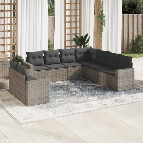 Brokky 9-TLG. Garten-Sofagarnitur mit Kissen LoungemöBel Balkon Patio Furniture Gartengarnitur Set Grau Poly Rattan / 3251487