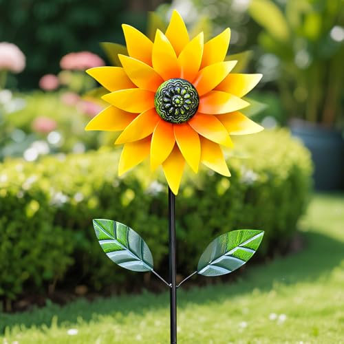 Windrad Garten Blume, 116cm Gartendeko Blumen Windmühle aus Metall, Vogelabwehr Windrad, Windspiele für Draußen Stehend, Blume Windräder Kinder Gartenstecker für Balkon, Terrasse, Garten (Sonnenblume)