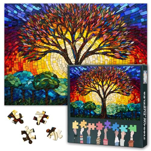 Puzzle de 1000 pièces pour adultes - Arbre de vie abstrait en vitrail, design mosaïque colorée, 50 x 70 cm Puzzle d'art sophistiqué