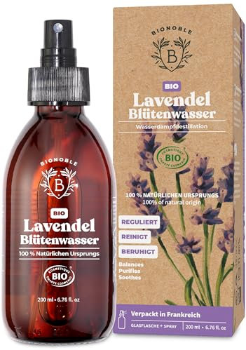 BIONOBLE Lavendelspray Für Kopfkissen - Ohne Alkohol, 100% Natürlichen Ursprungs, Dermatologisch Getestet - Lavendelwasser Bio für Haut, Raumspray - Hydrolat in Glasflasche mit Zerstäuber - 200ml