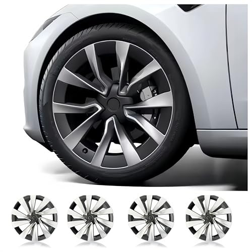 2025 2026 Tesla Model Y Juniper 19 Pouces Jantes Accessoires，Hubcaps for Tesla Model Y,Bicolore Noir et argentWheel Cover HubCaps Compatible for Model Y 2025, Accessories, Set of 4 (Asymmetry)