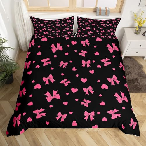 Homemissing Noir Rose Bowknot Housse de Couette 200x200cm pour Enfants Filles Adolescents Chambre à Coucher Mignon Arc Parure de Lit Arc Ruban Ensemble de Literie avec 2 taies d'oreiller
