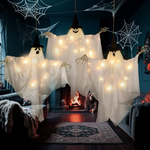 EASY JOY Halloween Decorations Outdoor 3Pcs Halloween Light Up Ghost Kit, Hanging Ghost Decorations with LED Lights Spooky Ghost Decor for Yards Garden Door Window Tree Porch Lawn Wall (White)