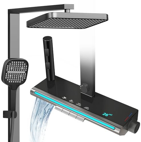 Kit complet de douche avec écran LED de température, système de douche noir avec éclairage LED, pommeau de douche de 32 x 22 cm et robinet de douche avec douchette à 3 fonctions et tuyau de douche de