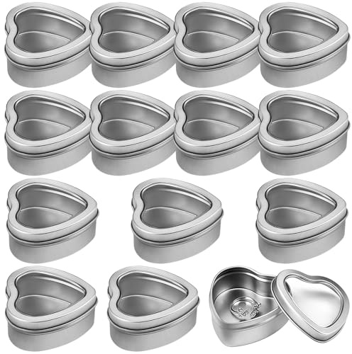 YOFAPA Heart-shaped Tin Boxes - 14 Pcs Silver Candle Making Containers with Lids, Wedding Favor Tins with Frosted Window for Gifts Treasures Candies DIY Crafts